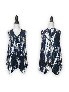Niche | Navy Blue & White Watercolor Print Handkerchief Sleeveless Tunic Blouse